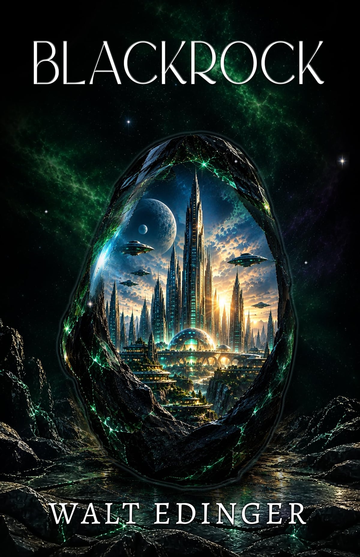 Cover of Blackrock: a futuristic city of spires seen through a green crystal