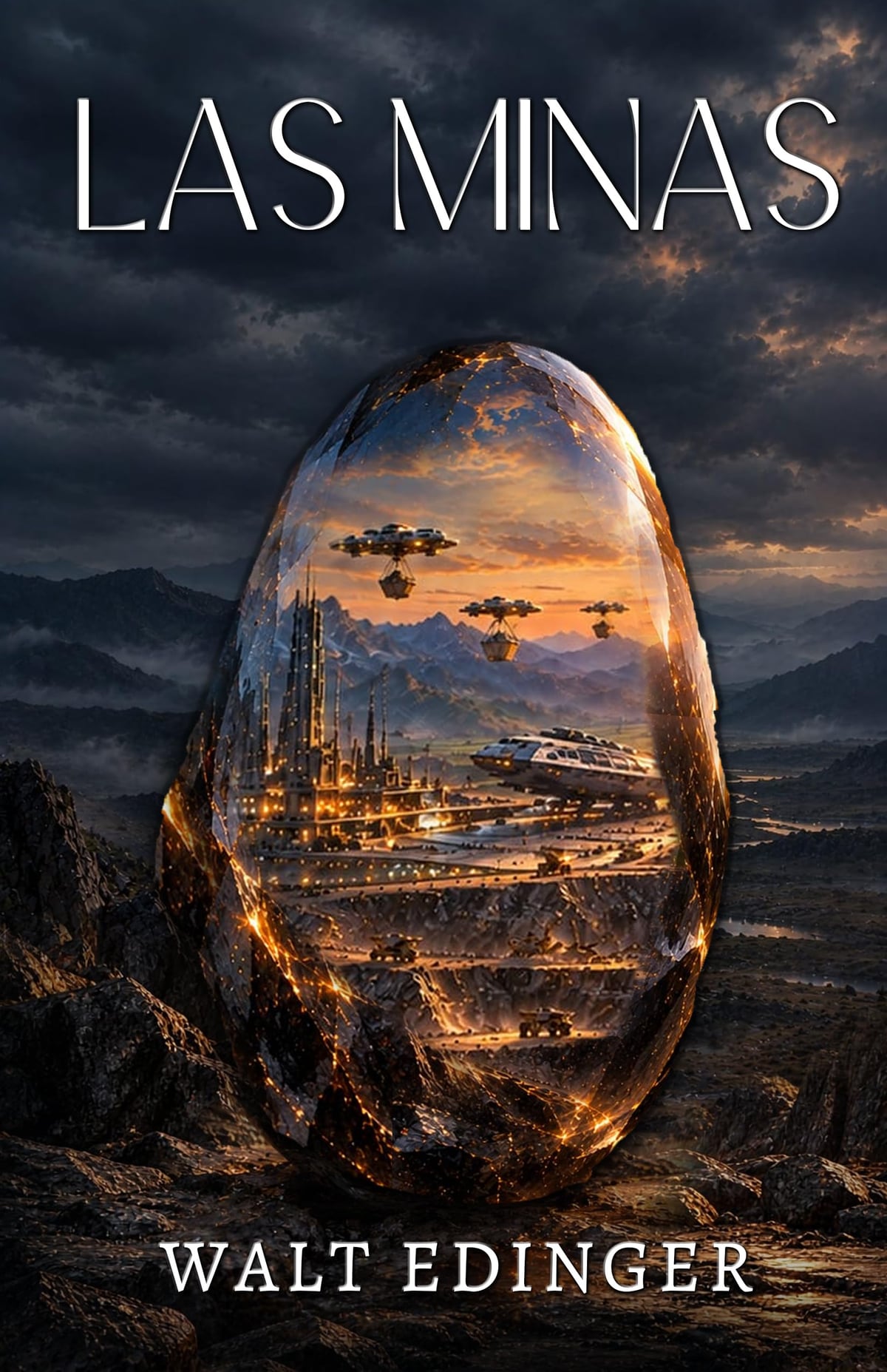 Cover of Las Minas: a mining settlement and spacecraft seen through an amber crystal