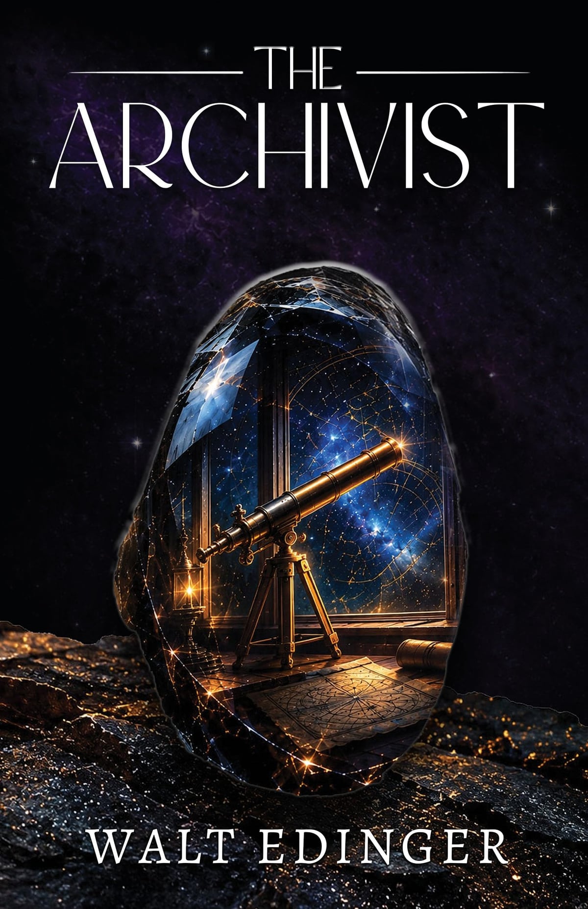 Cover of The Archivist: a brass telescope inside a glowing crystal against a starfield